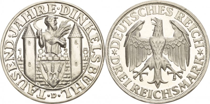 Gedenkausgaben
 3 Reichsmark 1928 D Dinkelsbühl Jaeger 334 Minimal berührt, Pol...