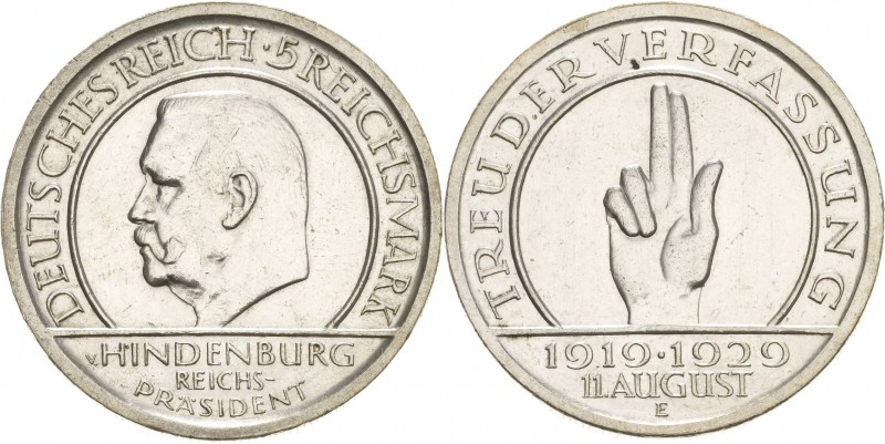 Gedenkausgaben
 5 Reichsmark 1929 E Verfassung Jaeger 341 Leicht berieben, fast...