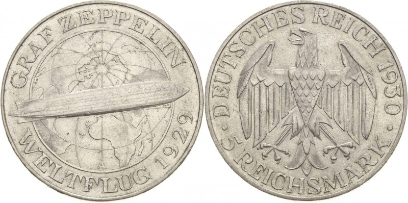 Gedenkausgaben
 5 Reichsmark 1930 A Zeppelin Jaeger 343 Vorzüglich-prägefrisch...