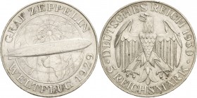 Gedenkausgaben
 5 Reichsmark 1930 A Zeppelin Jaeger 343 Randfehler, vorzüglich-Stempelglanz