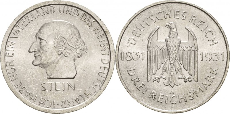 Gedenkausgaben
 3 Reichsmark 1931 A Stein Jaeger 348 Kl. Kratzer, vorzüglich-St...