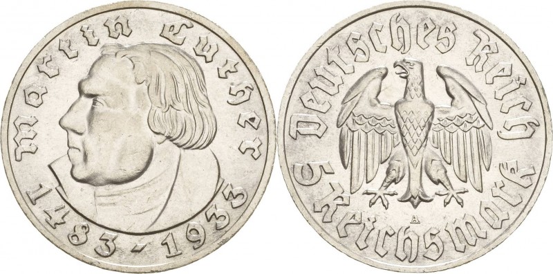 Gedenkausgaben
 5 Reichsmark 1933 A Luther Jaeger 353 Winz. Kratzer, vorzüglich...