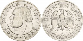 Gedenkausgaben
 5 Reichsmark 1933 A Luther Jaeger 353 Winz. Kratzer, vorzüglich-Stempelglanz