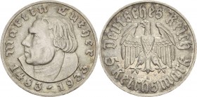 Gedenkausgaben
 5 Reichsmark 1933 A Luther Jaeger 353 Min. Randfehler, fast vorzüglich/vorzüglich