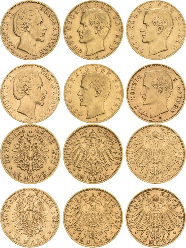 Reichsgoldmünzen
Lot-6 Stück Bayern Ludwig II. - 10 Mark 1878 D und 1880 D. Ott...