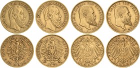 Reichsgoldmünzen
Lot-4 Stück Württemberg Karl - 10 Mark 1873 und 1874. Wilhelm II. - 10 Mark 1901 und 1905 Sehr schön-vorzüglich