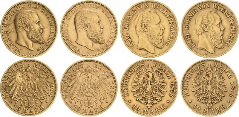 Reichsgoldmünzen
Lot-4 Stück Württemberg Karl - 10 Mark 1876 und 1878.Wilhelm I...