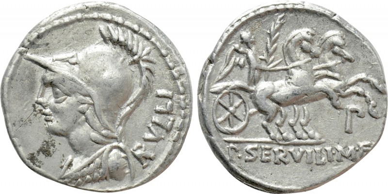 P. SERVILIUS M. F. RULLUS. Denarius (100 BC). Rome. 

Obv: RVLLI. 
Helmeted b...