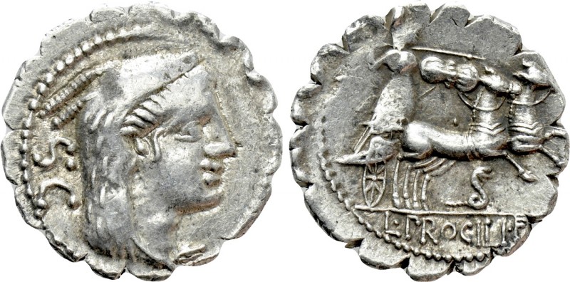 L. PROCILIUS. Serrate Denarius (80 BC). Rome. 

Obv: Head of Juno Sospita righ...