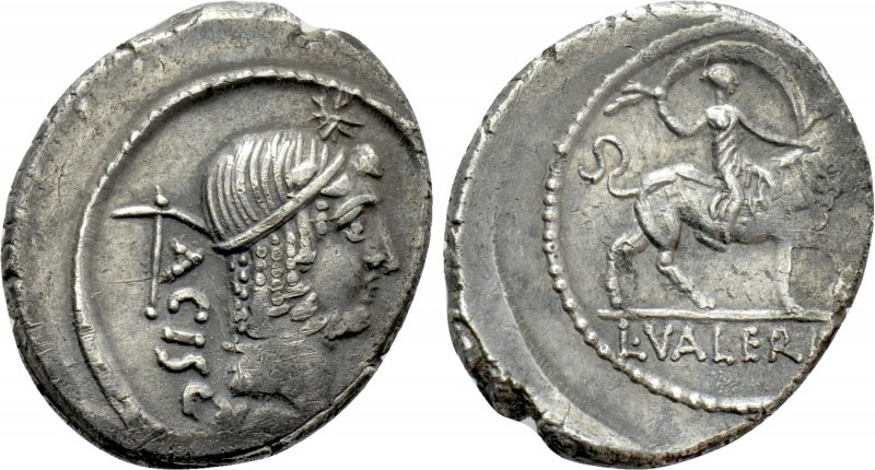 L. VALERIUS ACISCULUS. Denarius (45 BC). Rome. 

Obv: ACISCVLVS. 
Diademed he...