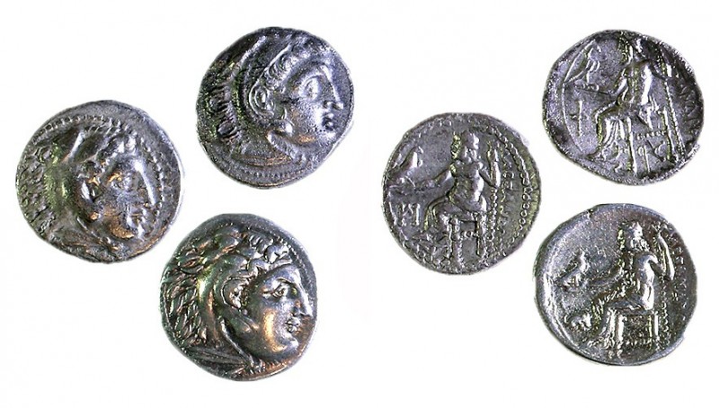 A LOT OF 3 SILVER DRACHMS OF ALEXANDER THE GREAT, 336 – 323 BCE Obverse: Head of...