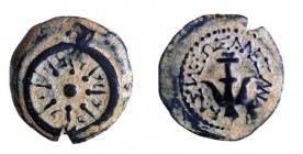 ALEXANDER YANNAEUS, 104 – 74 BCE Bronze Prutah, 16.0 mm. Obverse: Star in wreath. Paleo-Hebrew inscription: "Yehonatan the King". Reverse: Anchor. Gre...