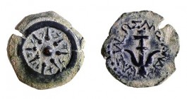 ALEXANDER YANNAEUS, 104 – 74 BCE Bronze Prutah, 16.3 mm. Obverse: Star in wreath. Paleo-Hebrew inscription: "Yehonatan the King". Reverse: Anchor. Gre...