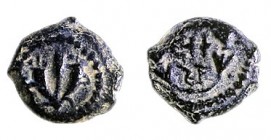 MATTATIAH ANTIGONUS, 40 – 37 BCE Bronze Prutah, 13.5 mm. Obverse: Double cornucopiae with ear of barley. Reverse: Retro Paleo-Hebrew inscription in wr...