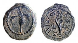 HEROD THE GREAT, 40 – 4 BCE Bronze, 14.2 mm. Obverse: Palm branch with ribbon. Reverse: Aphlaston. ΒΑΣIΛEΩΣ ΗPΩΔΟY (LΓ Year three = 38 BCE). Very Fine...