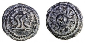 HEROD THE GREAT, 40 – 4 BCE Bronze, 18.5 mm. Obverse: Diadem surrounded by: ΒΑΣIΛEΩΣ ΗPΩΔΟY. Reverse: Table flanked by palm branches. Very Fine. Mesho...