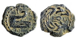 HEROD ARCHELAUS, 4 BCE – 6 CE Bronze, 13.9 mm. Obverse: Prow of galley to right, ΗPW. Reverse: EΘN in wreath. Very Fine. Meshorer TJC 72h; Hendin 1197...
