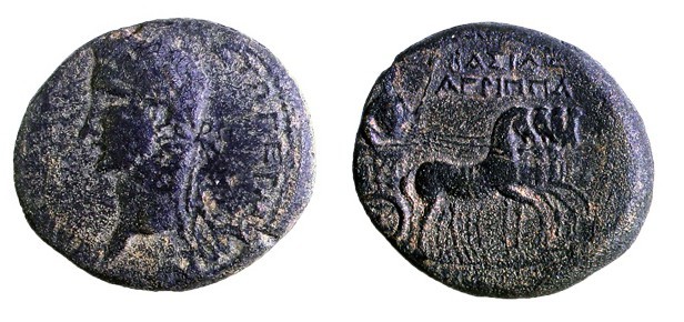AGRIPPA I, 37 – 43 CE Bronze, 23.4 mm. Obverse: Bust of Caligula to l. (ΓΑΙΩ KAI...