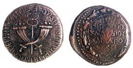 AGRIPPA II, 67 – 100 CE (SEPPHORIS) Bronze, 25.9 mm. Obverse: Double cornucopias with caduceus. Greek inscription: “In the days of Vespasian, of the p...