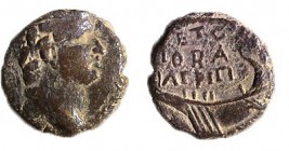 AGRIPPA II, 56 – 96 CE Bronze, 15.2 mm. Obverse: Bust of Domitian to r. Reverse: Galley (year 19, 78/9 CE). Very Fine. Meshorer TJC 148a; Hendin 1312v...