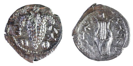 SHIMON BAR-KOKHBA, 132 – 135 CE Silver denarius or Zuz, 2.92 gr. Obverse: Bunche...