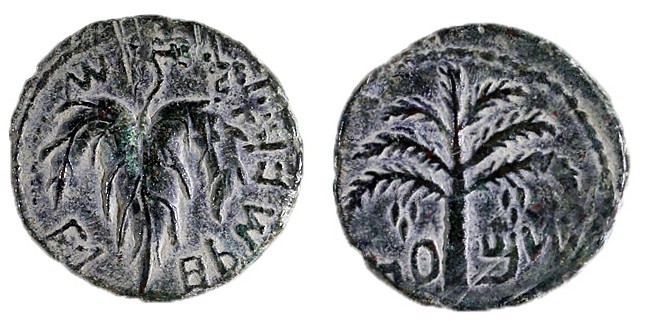 SHIMON BAR-KOKHBA, 132 – 135 CE Bronze, 25.6 mm. Year two. Obverse: Vine leaf. P...