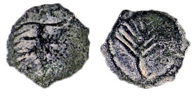 MINIMA OF CAESAREA 1st century CE. Bronze half prutah, 15.2 mm. Obverse: Vine le...