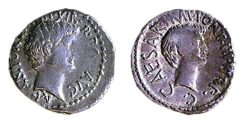 MARK ANTONY AND OCTAVIAN, 41 BCE Silver denarius, 3.67 gr. Ephesus mint. Obverse...