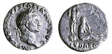 JUDAEA CAPTA - VESPASIAN, 69 – 79 CE Silver denarius, 3.07 gr. Obverse: Head of ...