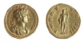 HADRIAN, 117 – 138 CE Gold Aureus, 7.34 gr. Obverse: Bust of Hadrian to r. IMP CAESAR TRAIAN HADRIANVS AVG Reverse: Jupiter standing naked, holding sc...