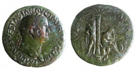 JUDAEA CAPTA – VESPASIAN, 69 – 79 CE Bronze sestertius 32.8 mm. Obverse: Bust of Vespasian to r. Reverse: Palm tree, on l. standing captive, on r. mou...