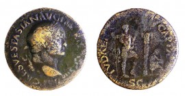 JUDAEA CAPTA – VESPASIAN, 69 – 79 CE Bronze sestertius 34.1 mm. Obverse: Bust of Vespasian to r. Reverse: Palm tree, on l. Emperor standing in militar...