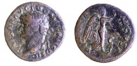 DOMITIAN, 81 – 96 CE Bronze, 27.4 mm. Obverse: Bust of Domitian to l. Reverse: Nike standing on prow holding palm branch and wreath. VICTORIA AVGVST S...