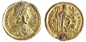 HONORIUS, 395 – 423 CE Gold Solidus, 4.4 gr. Obverse: Busts of Honorius. Reverse: The emperor standing, holding standard and Victory, steeping on capt...