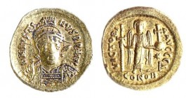 JUSTINE I, 518 – 527 CE Gold Solidus. Obverse: Armed bust of Justine. Reverse: Angel standing, holding staff with cross and a ball with cross. Very Fi...