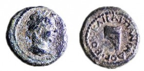 PANIAS – MARCUS AURELIUS, 161 – 180 CE Bronze, 15.1 mm. Obverse: Head of Aurelius/Pan to r. Reverse: Syrinx. Greek inscription: KAICAP ΠANIAΔOC POB (1...