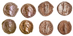 A LOT OF 4 ROMAN SILVER DENARII One of Domitian, 81 – 96 CE, one of Nerva, 96 – 98 CE, one of Trajan, 98 – 117 CE and one of Hadrian, 117 – 138 CE. Ve...