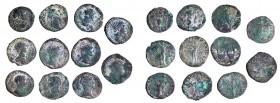 A HOARD OF 11 ROMAN SILVER DENARII One of Vespasian, 69 – 79 CE, 2 of Domitian, 81 – 96 CE and 8 of Trajan, 98 – 117 CE. About Very Fine, as found. Ex...