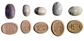 A LOT OF 4 CANAANITE STONE SCARABS Middle Bronze Age, 17th-16th century BCE, and a PHOENICIAN AMETHIST SEAL, 8th century BCE. 14.7 – 18.6 mm. In good ...
