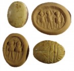 A LOT OF 2 STONE SEALS Iron Age, 10th-9th century BCE. 16.5, 14.0 mm. Depicting human figures. In very good condition. Ex Bernard van Berg collection,...