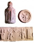 A PINK STONE CYLINDER SEAL Iron Age II, 8th-7th century BCE. 29.3 mm high with the suspension loop. Depicting two winged figures with eagle heads, and...