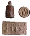 A BROWN STONE CYLINDER SEAL Iron Age II, 8th-7th century BCE. 25.3 mm high with the suspension loop. Depicting a worshipper surrounded by stands and u...