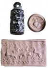 A BLACK STONE CYLINDER SEAL Iron Age II, 8th-7th century BCE. 28.0 mm high with the suspension loop. Depicting winged beasts, stags and bulls. In very...