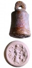 A PINK STONE BELL-SHAPED SEAL Iron Age II, 8th-7th century BCE. 31.7 mm high with the suspension loop. Depicting a human figure surrounded by celestia...