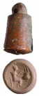 A PINK STONE BELL-SHAPED SEAL Iron Age II, 8th-7th century BCE. 25.7 mm high with the suspension loop. Depicting a seated human figure. In very good c...