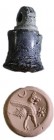 A BLACK STONE BELL-SHAPED SEAL Iron Age II, 8th-7th century BCE. 21.7 mm high with the suspension loop. Depicting a winged lion with a fish body, a st...