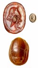 A PHOENICIAN CARNELIAN SCARAB SEAL 6th-4th century BCE. 16.8x12.5x8.3 mm. Perforated lengthwise. The iconography depicts a highly sophisticated compos...