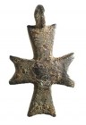 A BRONZE CROSS PENDANT Byzantine Period, 4th-7th century CE. 3.6 cm high. With nice black patina and in very good condition. Ex Aka Mizrachi collectio...