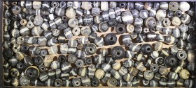 A LOT OF 211 BLACK GLASS BEADS DECORATED WITH A WHITE BAND Islamic Period, 6th-12th century CE. In very good condition. Ex Jacob Levi collection, Tel ...