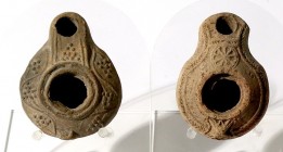 2 SAMARITAN TERRACOTTA OIL LAMPS 4th century CE. 7.6 cm each. Depicting floral and geometric motifs. In very good condition. Ex Miriam Shamai collecti...